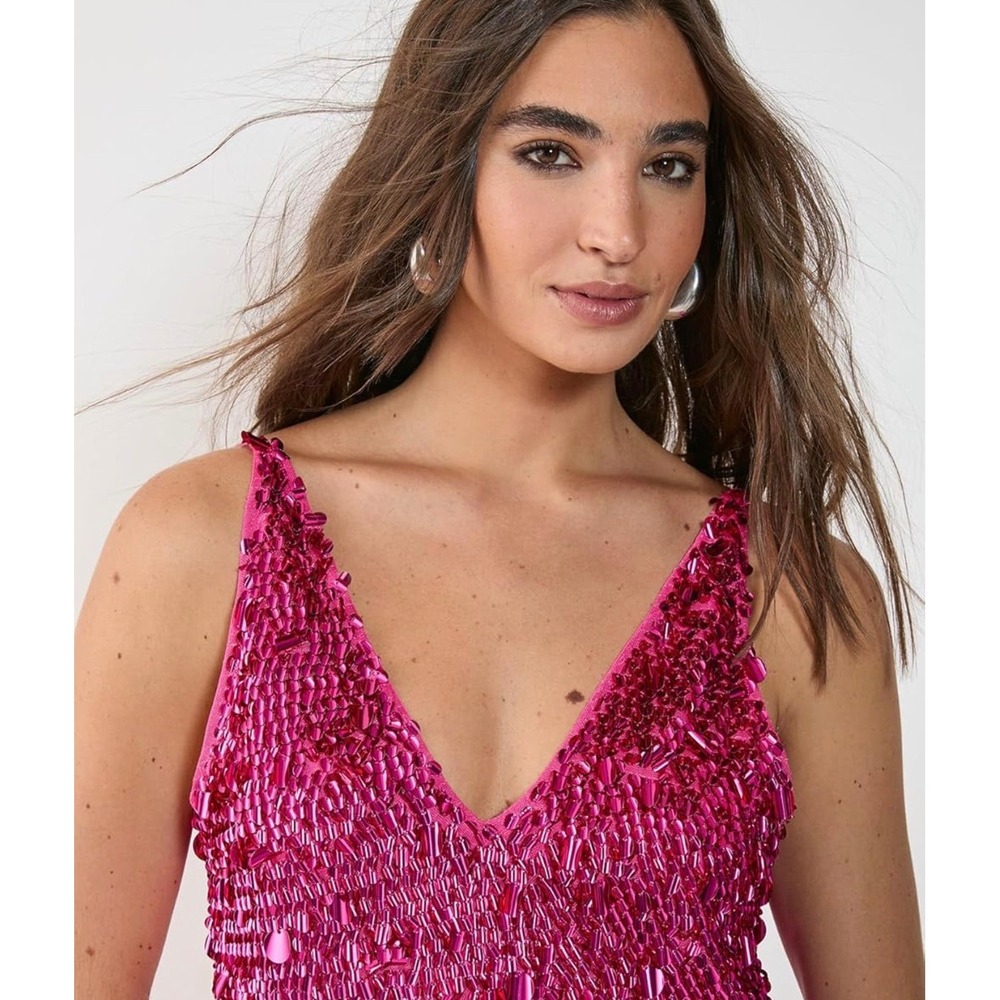 NWT Nasty Gal Cluster Sequin Plunge Mini Dress Fuchsia Pink Party Cocktail Sz 8 - Picture 2 of 6